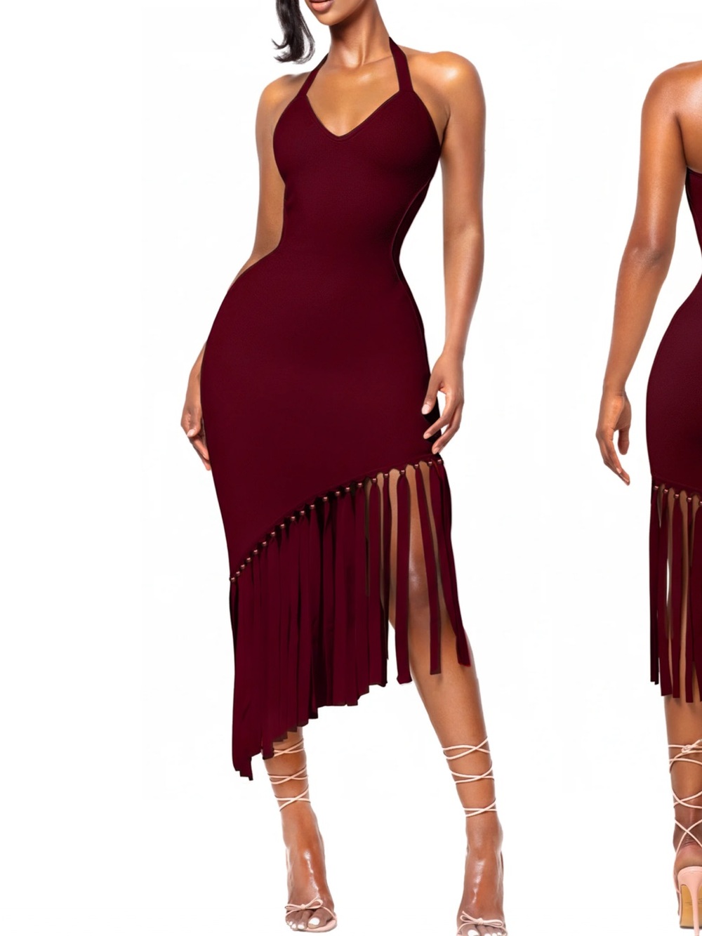 Women's Halter High-Low Fringe Bodycon Dress in Burgundy